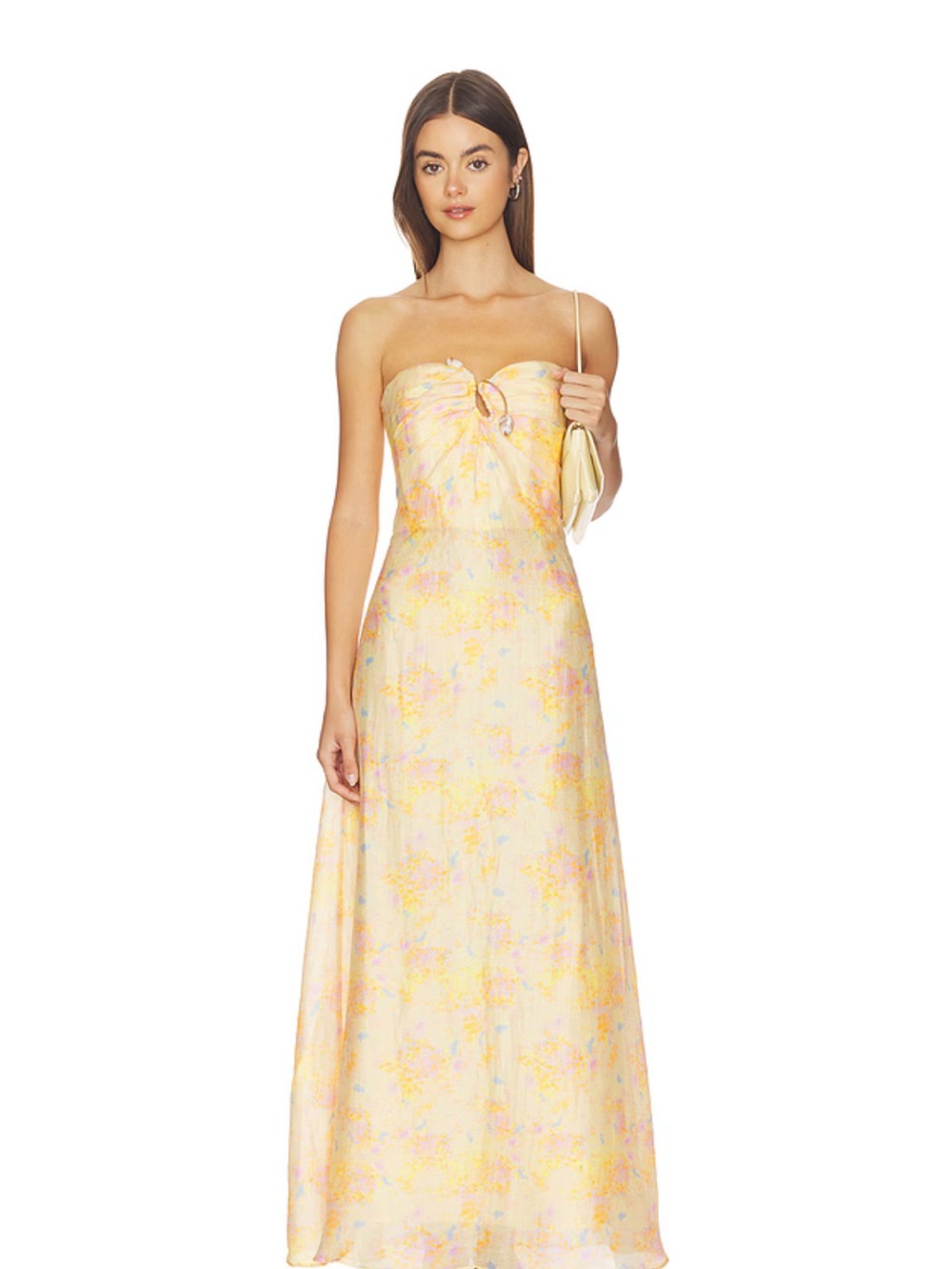 Bardot Pastel Yellow Floral Strapless Maxi Dress